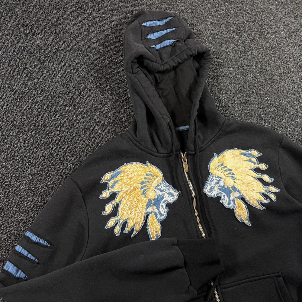 Imperious Lion Headdress Embroidered Full Zip Hoodie Mens M Black Distressed Y2K